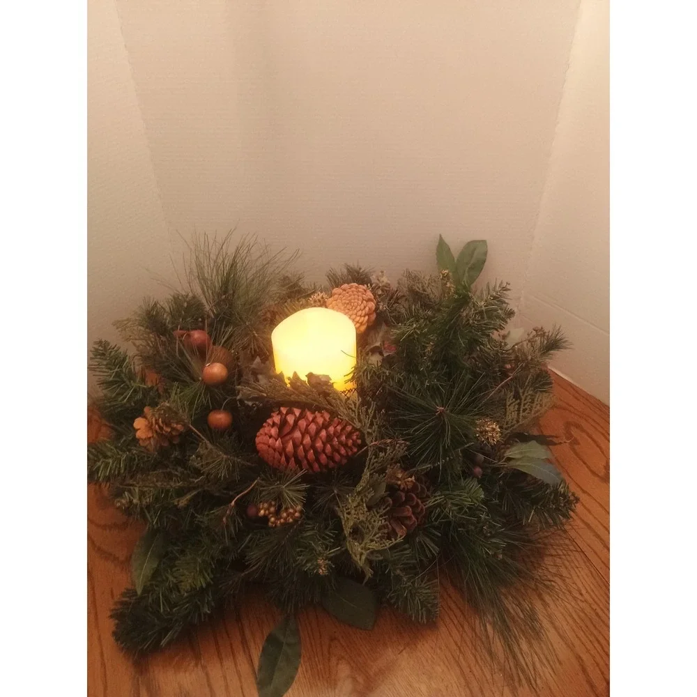 Large Artificial Pine Christmas Wreath Centerpiece With Flameless Piller 24x12